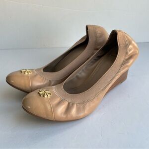 Tory Burch Jolie Tan Leather Wedge Heel Shoes Size 9M